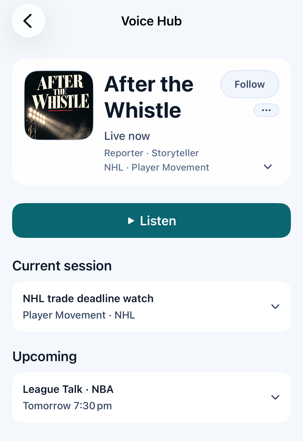 Blipside listener playback screen showing a voice, game context, and playback controls.