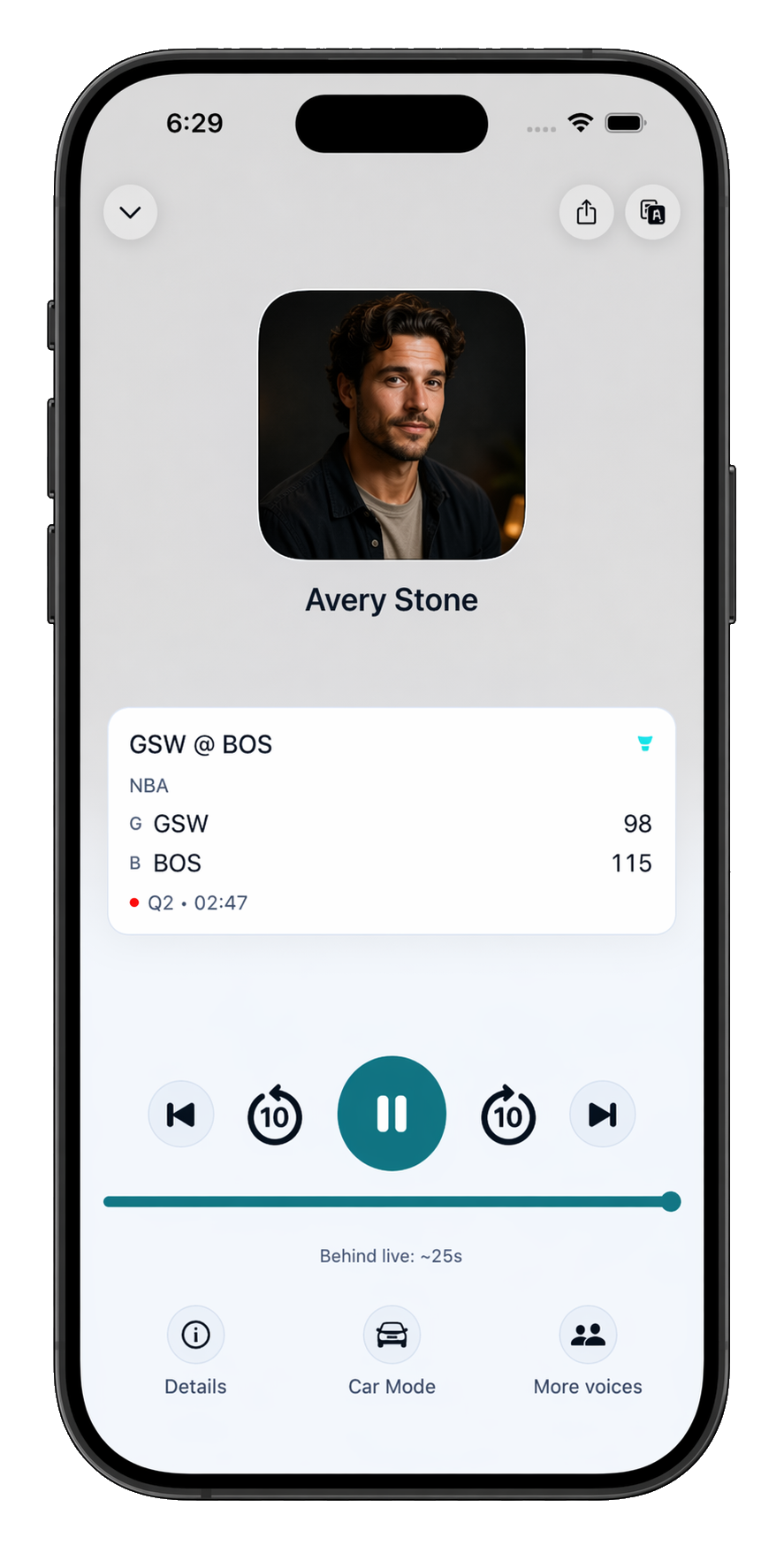 Blipside listener playback screen showing a voice, game context, and playback controls.